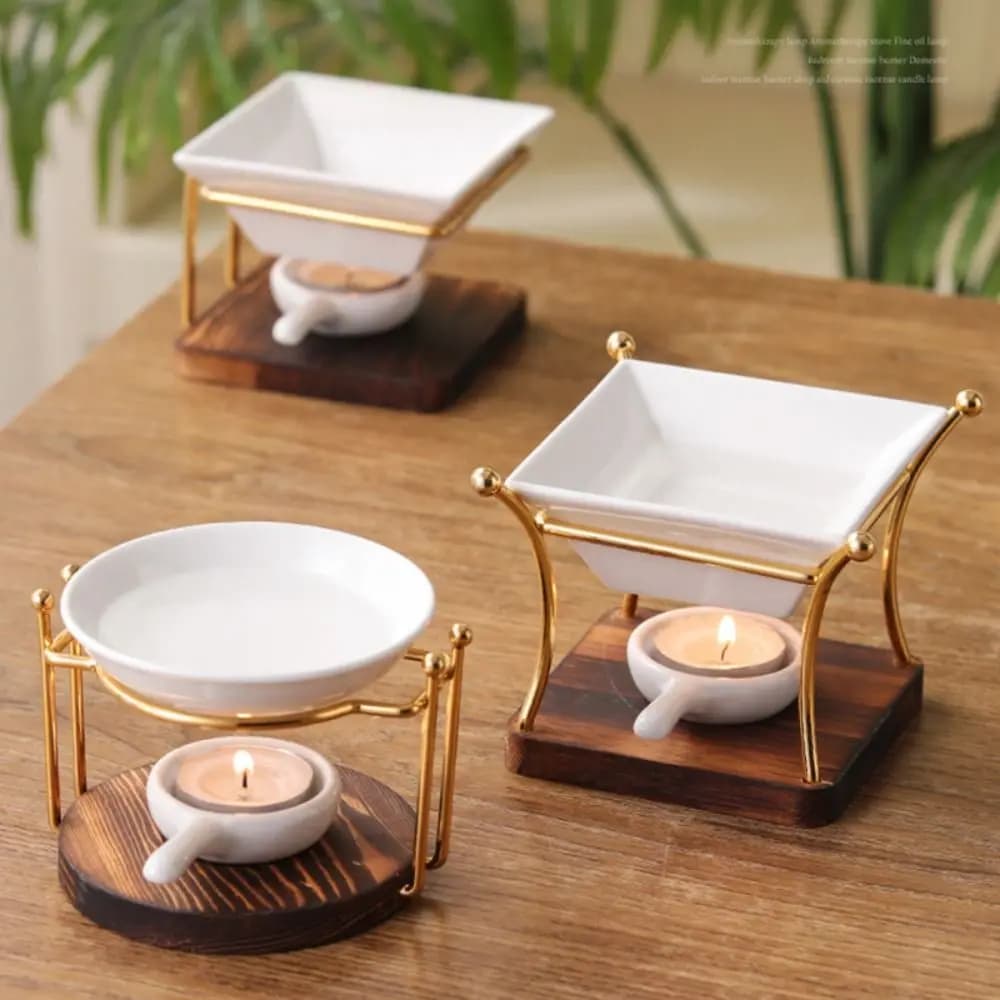 Home Decoration Wooden Base Aromatherapy Stove Metal Ceramics Oil Burners Aromas Diffuser Room and Spa Relaxation