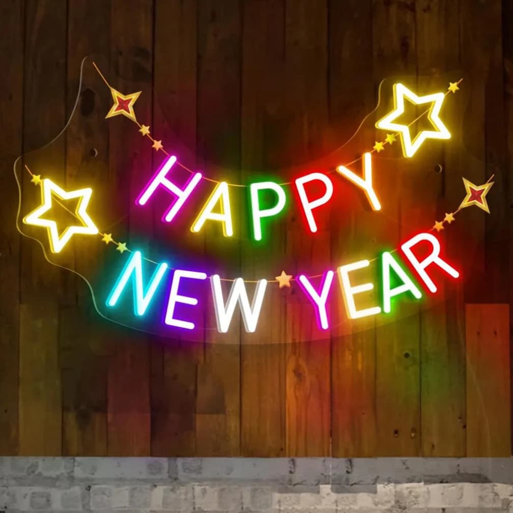 Felice anno nuovo Insegna al neon Celebrazione natalizia Insegna al neon a led Luce al neon di Capodanno con regali a stella per decorazioni per feste in famiglia Capodanno