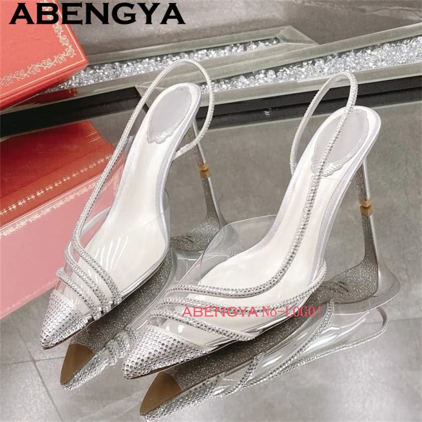 Sandali con tacco alto in PVC con intarsi in cristallo, scarpe da sposa da donna, sandali estivi sexy a punta, sandali gladiatore da donna