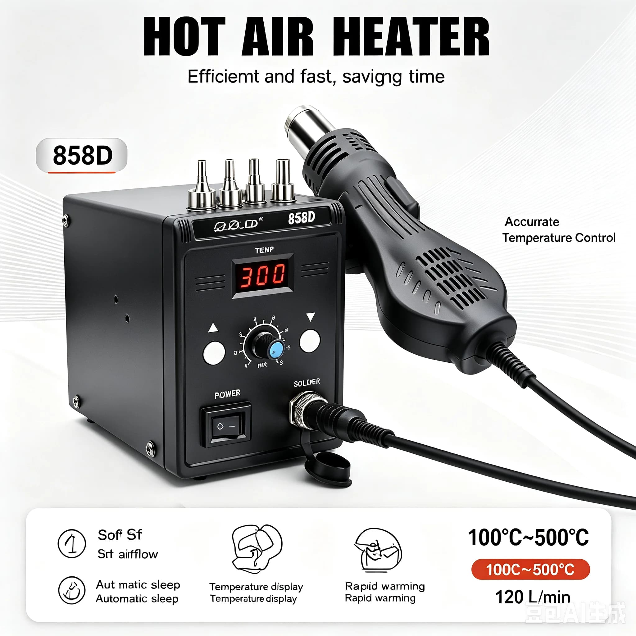 JCD 858D Hot Air Rework Station 700W Digital LED Display Hot Air Gun Soldering Station 100-500℃ Adjustable Air Volume BGA SMD Chip Desoldering Tool For Phone Motherboard PCB Repair