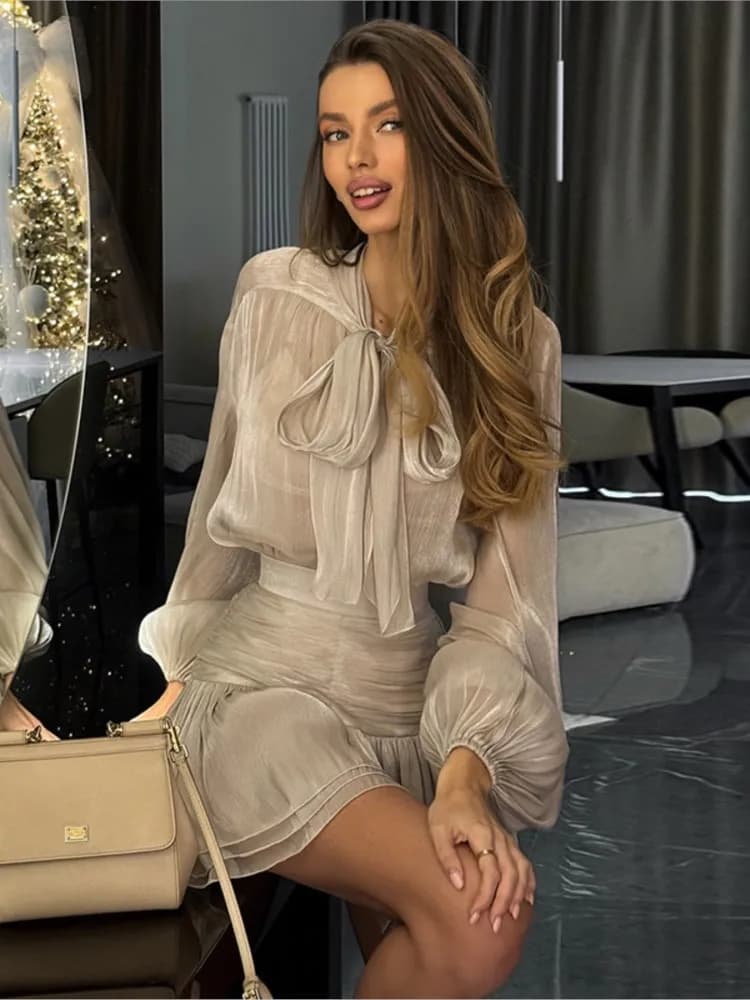 Elegante fiocco con lacci Top gonne Set per le donne O-Collo Camicette con maniche lunghe a lanterna Gonna a pieghe a vita alta 2025 Nuovi abiti da donna
