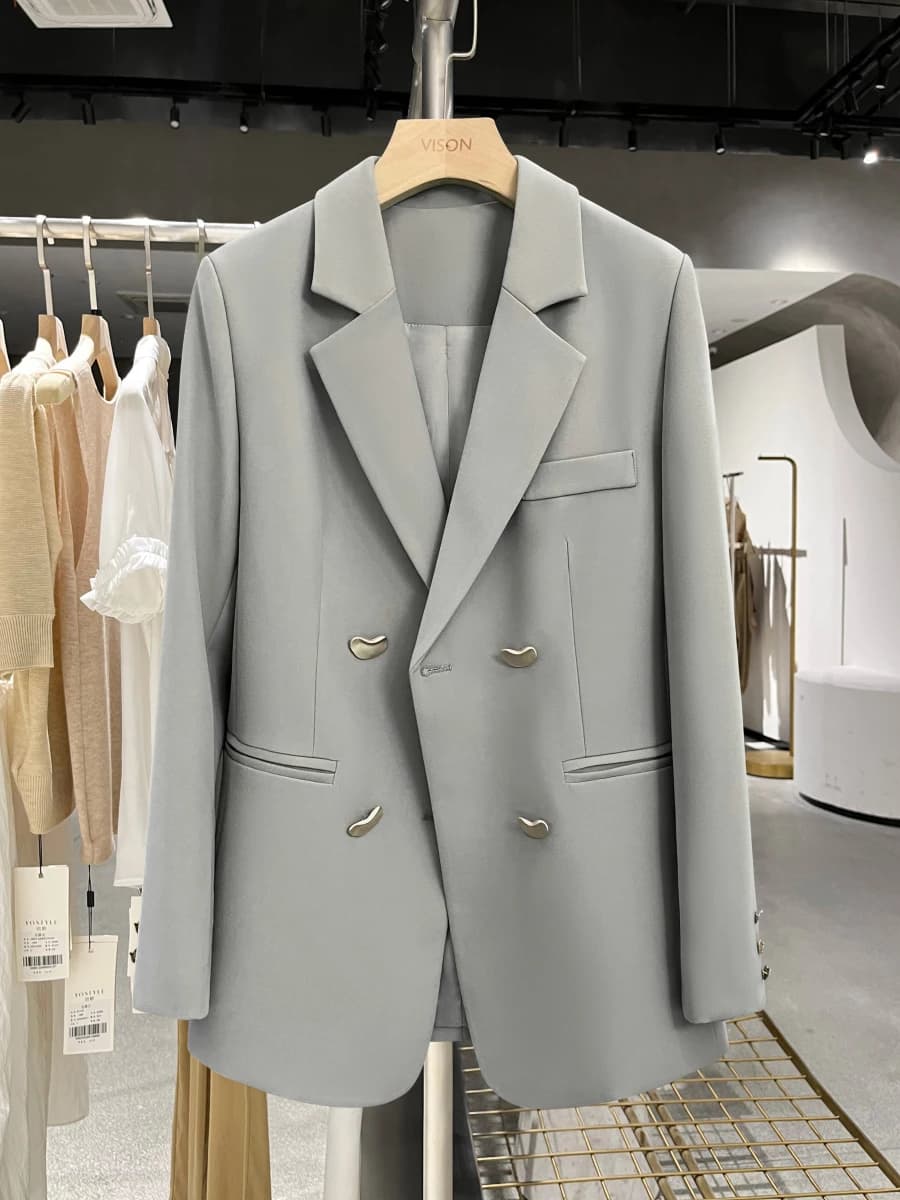 Blazer Grigio Casual Chic da Donna, Stile Inglese, Manica Lunga, Elegante Giacca con Bottoni Decorativi, Doppiopetto, Moda Oversize