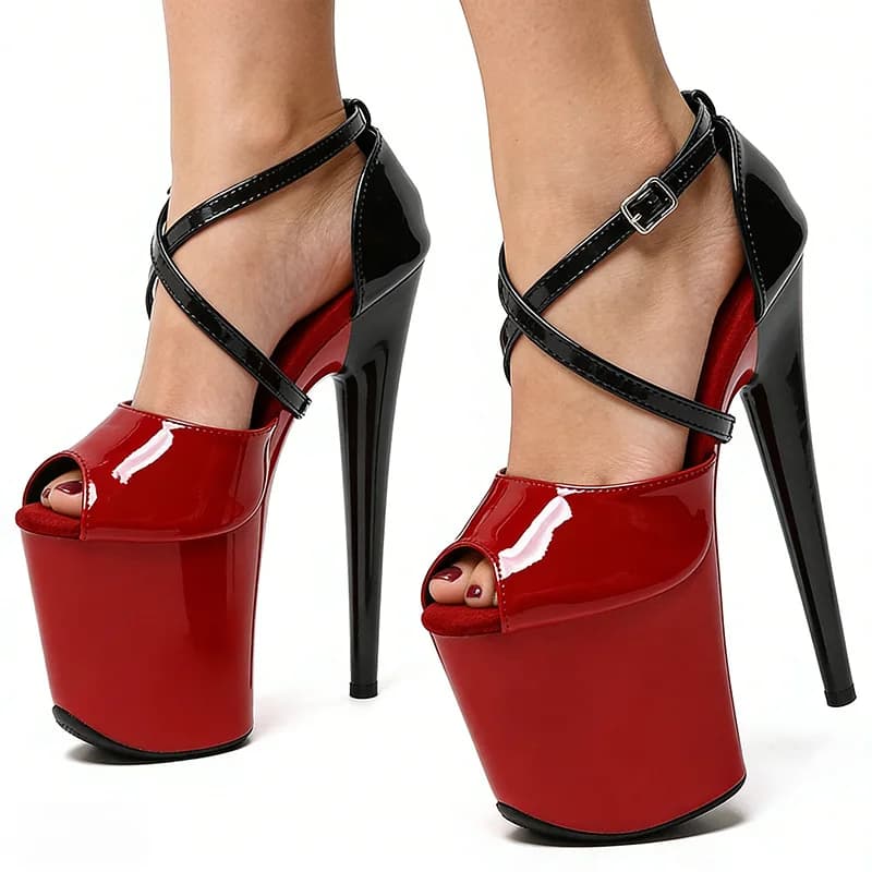 Sandali da Donna con Tacco 20CM per Pole Dance, Sexy con Cinturino Lungo, Punta Aperta, in Pelle Verniciata, Scarpe Bicolore per Performance e Feste