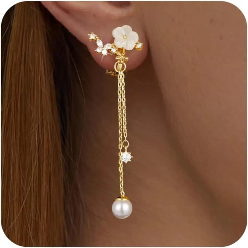 Orecchini a Clip Pendenti con Perle e Catena, Eleganti Orecchini a Fiore per Donna, Ideali per Matrimoni