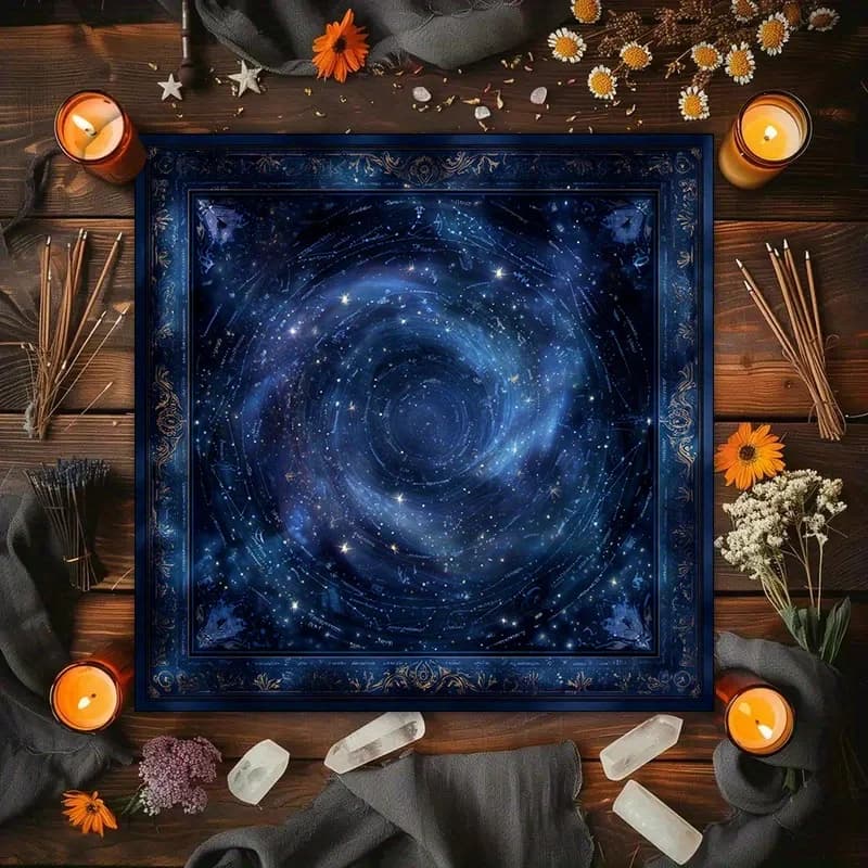 VIKAMA Tappeto Altare Blu Profondo con Mappa Stellare, Telo Cerimonia Astrologica Universo, Tappetino per Meditazione Stregoneria