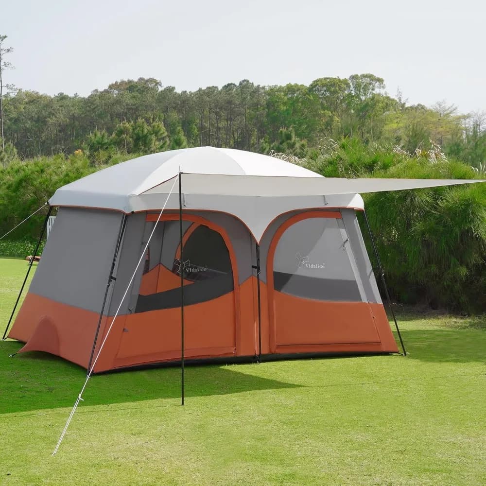 Tenda da campeggio per otto persone con vestibolo esteso, due stanze, impermeabile, resistente alle intemperie, facile da montare, ideale per viaggi in famiglia all'aperto.
