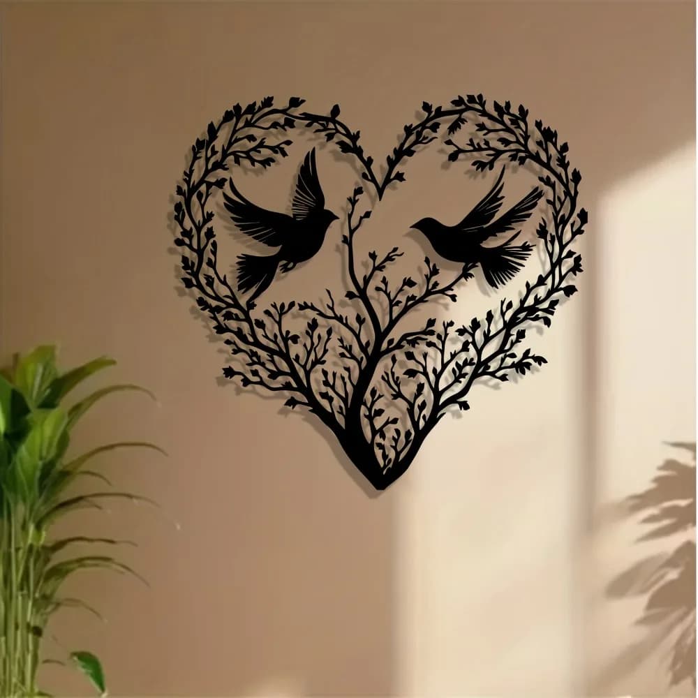 Decorazione da parete in metallo a forma di cuore con albero e uccelli, resistente alla ruggine, regalo di San Valentino o matrimonio, decorazione naturale