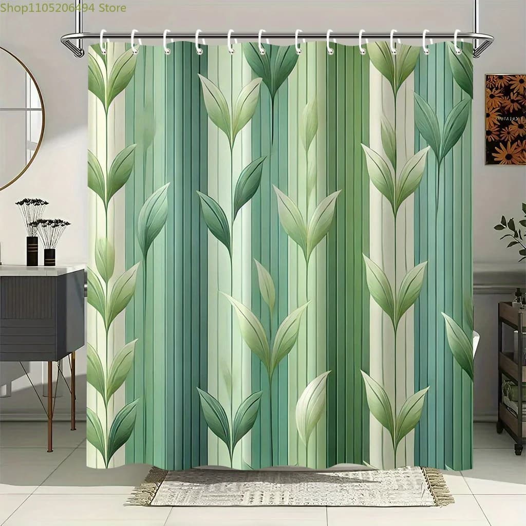 Una tenda da doccia con un design a righe con foglie verdi, misura 177,8X177,8 cm, include 12 ganci, realizzata in tessuto di poliestere, facile da usare