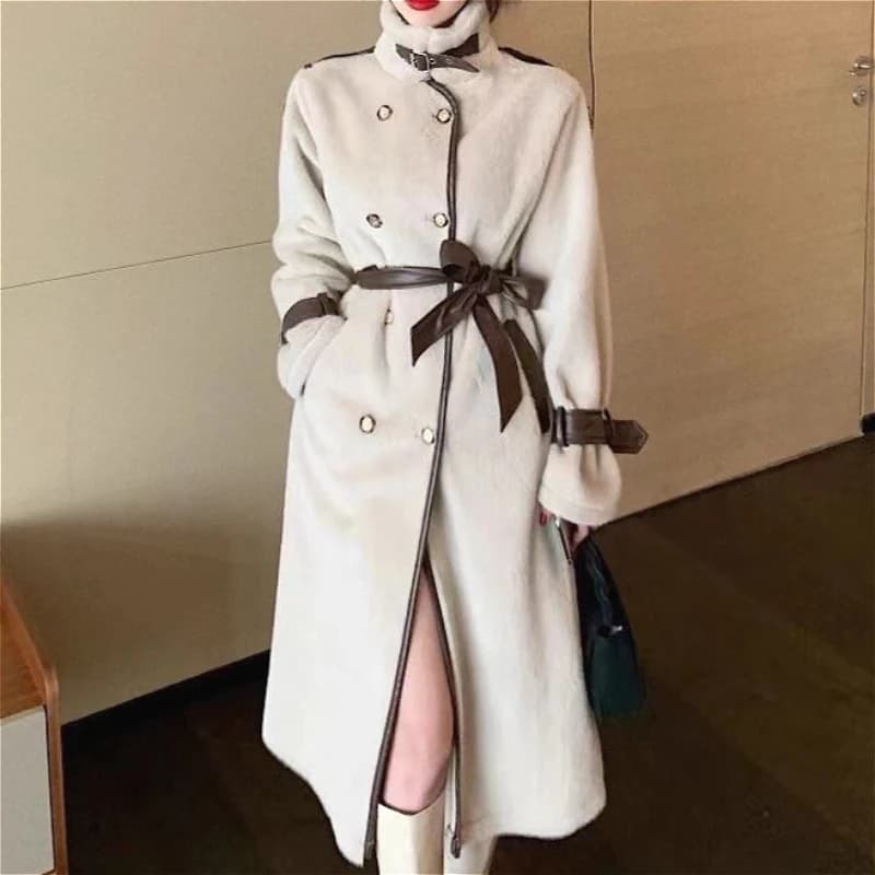 Cappotti in pelliccia di visone finto Giacche in pelliccia da donna Cintura Tasca di media lunghezza Colletto alla coreana Doppio petto Maniche lunghe Spessa 2025 Autunno Inverno
