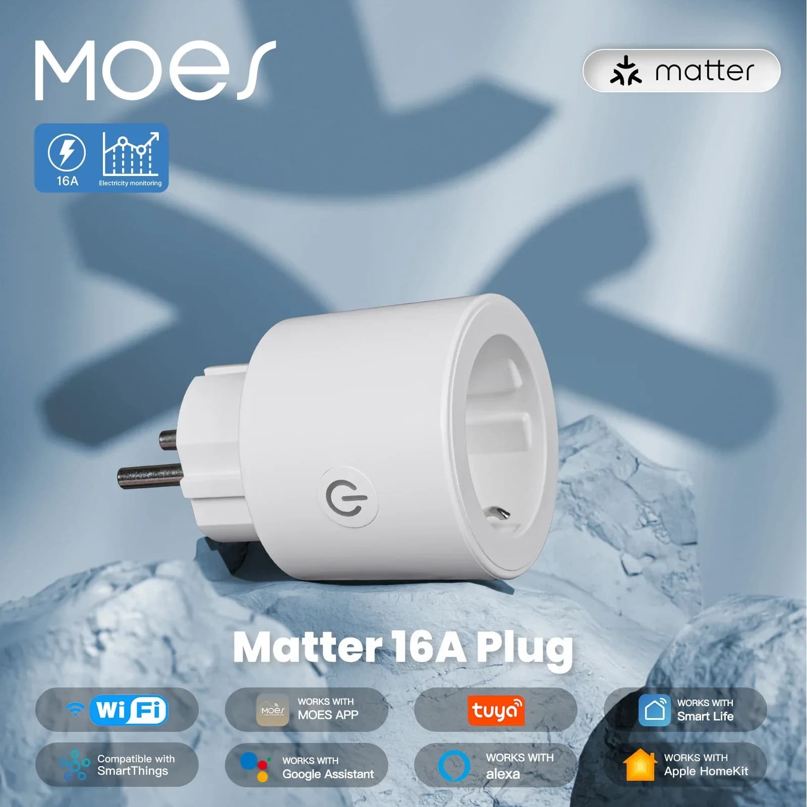 MOES Smart Matter 16A Plug WiFi Tuya socket Remote control Power monitor Apple Home Google Home Alexa Smartthings