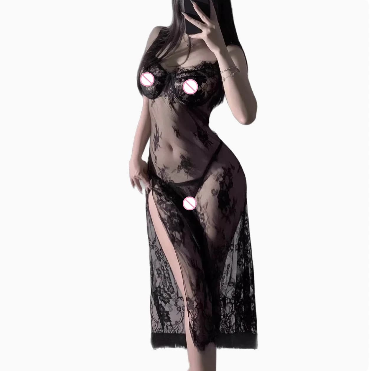Purple Sexy Women Sheer Lace Slip Lingerie Set High Split Long Dress Cosplay Uniform Sleepwear Suitable for Small Bust Ladies