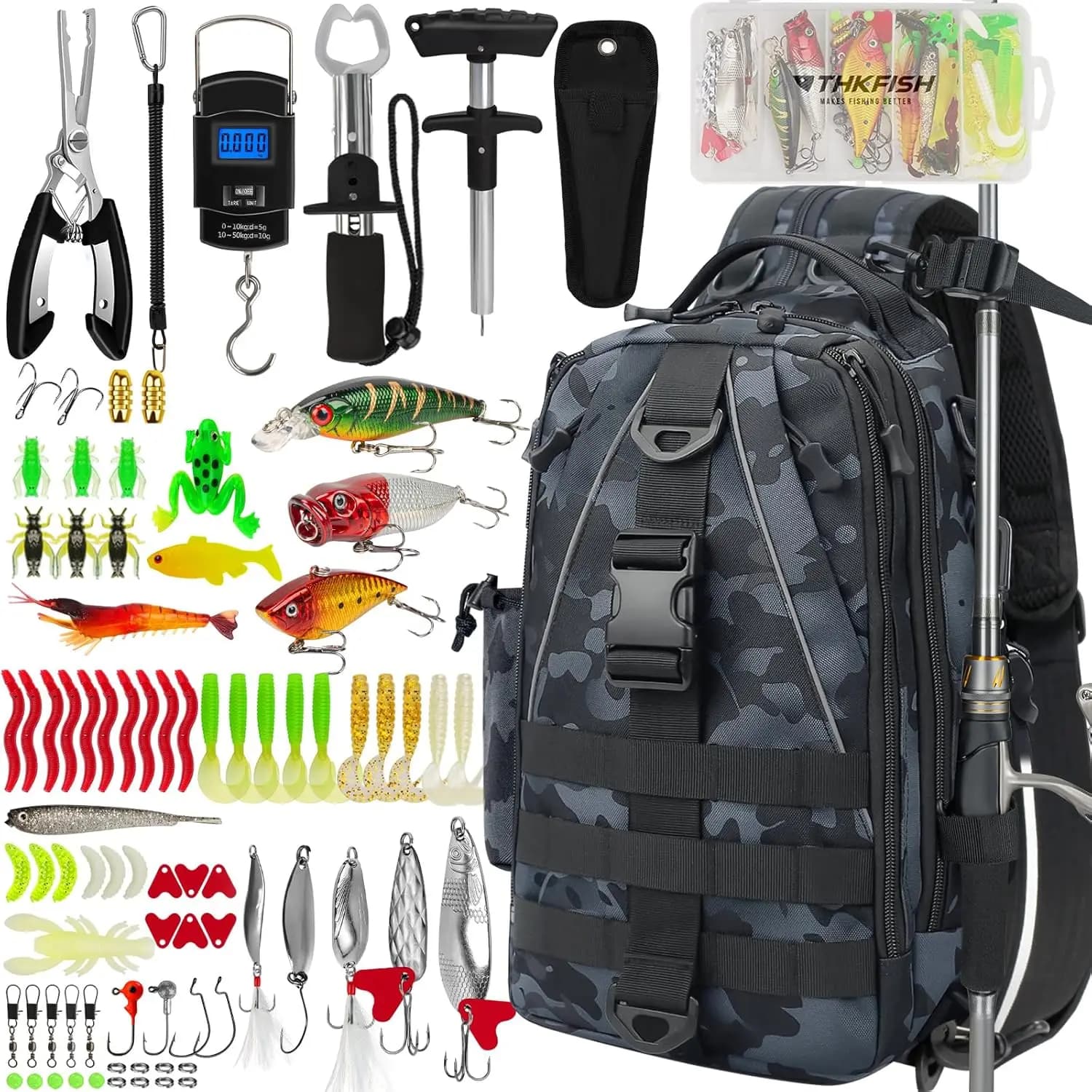 Kit di Attrezzi da Pesca da 85 Pezzi con Zaino, Scatole Porta Attrezzi, Esche, Pinze, Estrattore di Ami e Pinza per Pesci - Set Completo di Attrezzatura