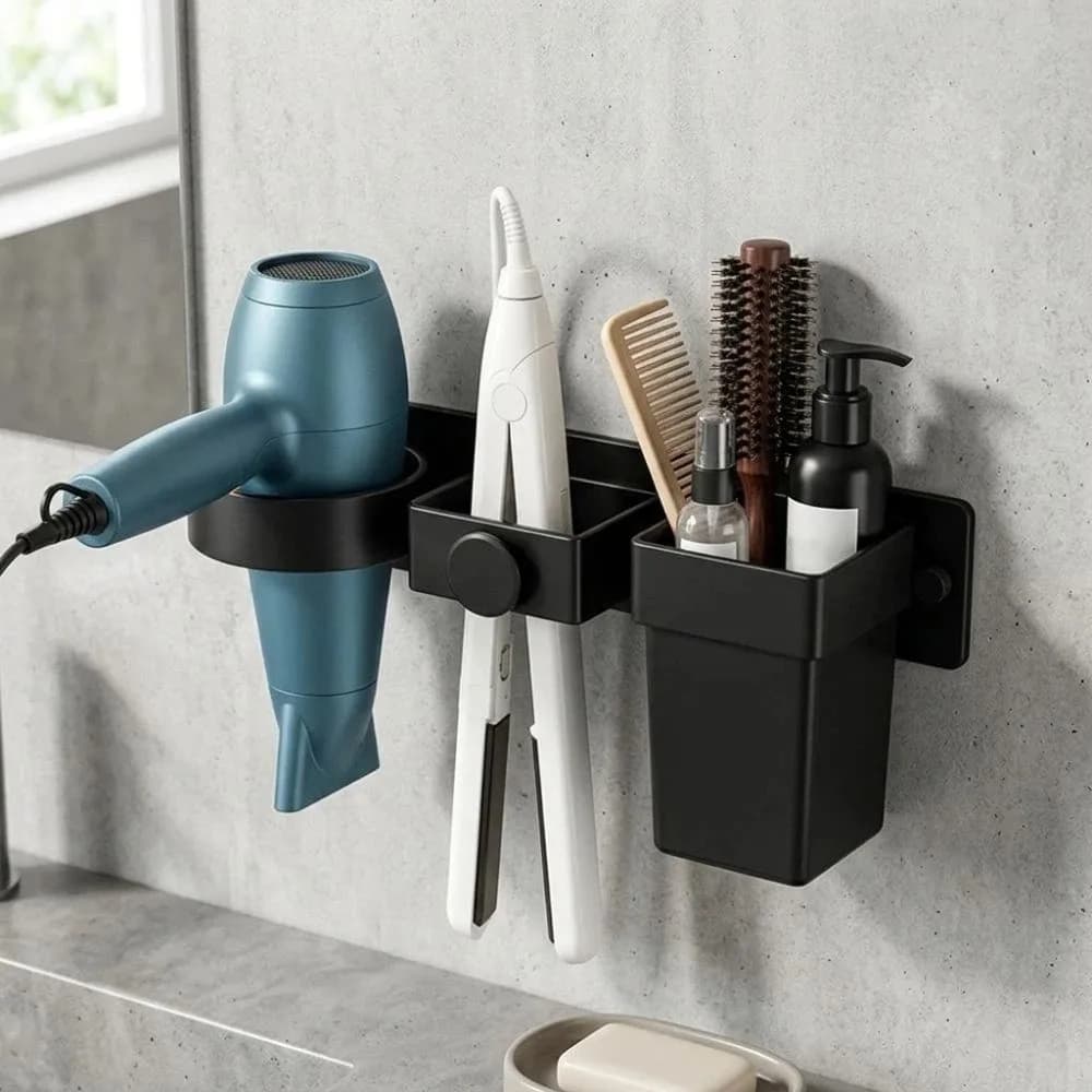 Multi-Slot Wall Mount Hair Dryer Holder Plastic Moisture Resistant Curling Iron Storage Rack Waterproof Large Capacity