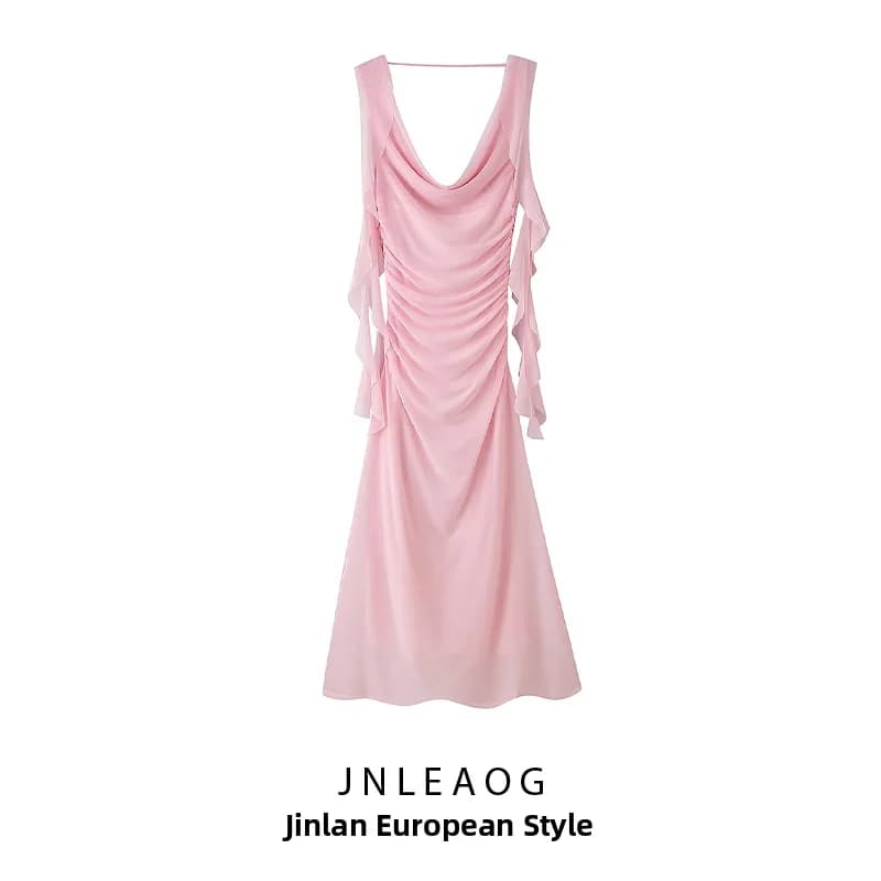 JNLEAOG Summer New Women's Fashion Design Straight Tube Dress with Flounce Neck And Sleeveless Casual Polyester Skirt