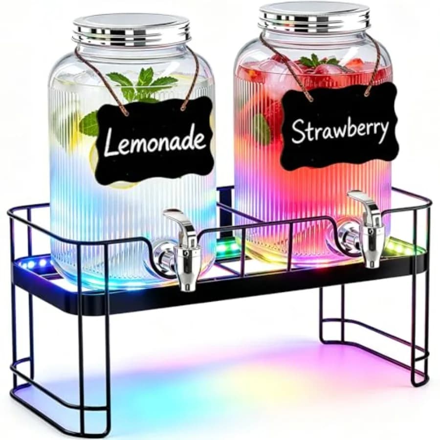 Dispenser per Bevande per Feste, Set da 2 Dispenser in Vetro da 1 Gallone con Supporto e Striscia LED, per Limonata, Succo, Acqua