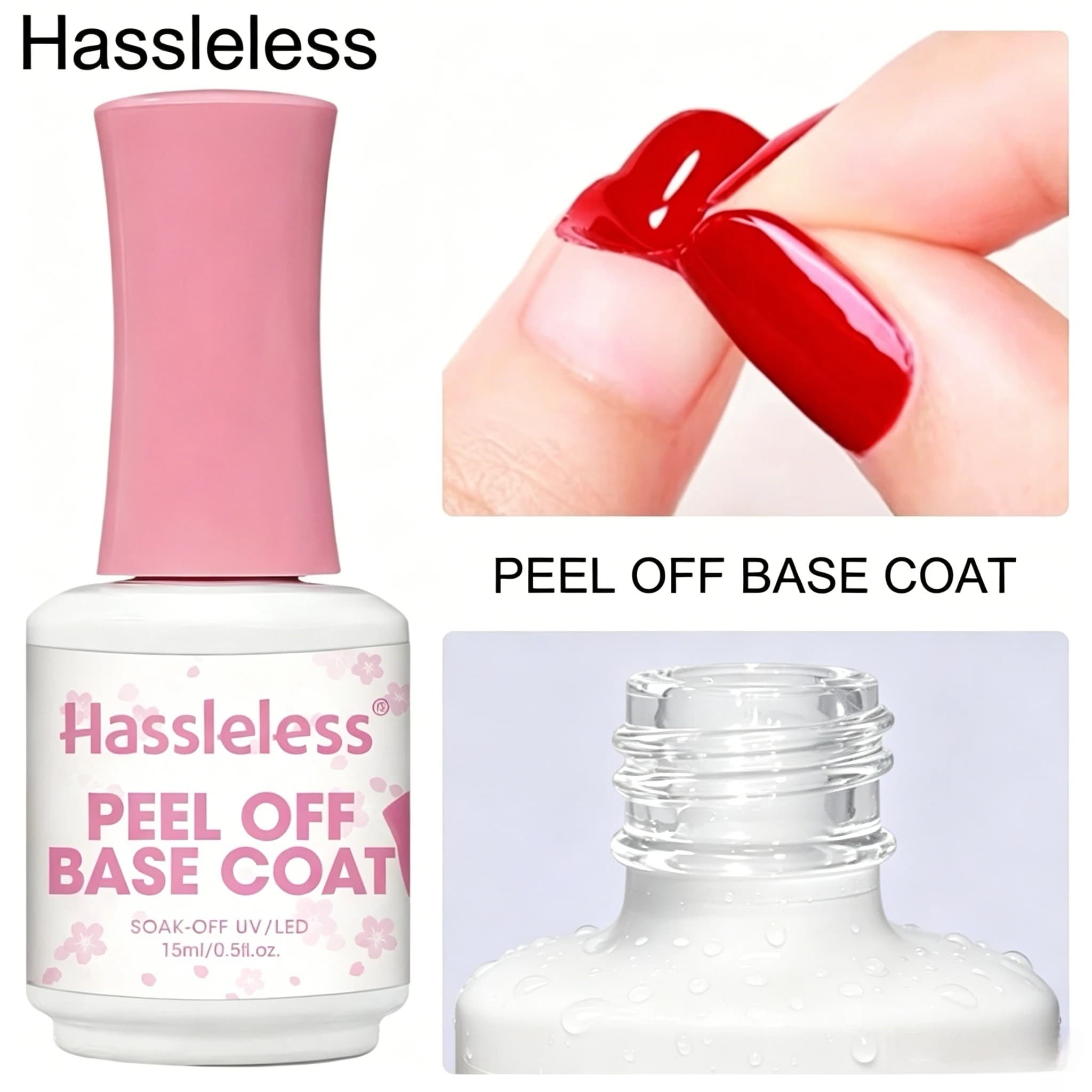 Hassleless 1 pezzo da 15 ml, base coat pelabile, facile da rimuovere; formula delicata, progettata per la cura e la protezione delle unghie.