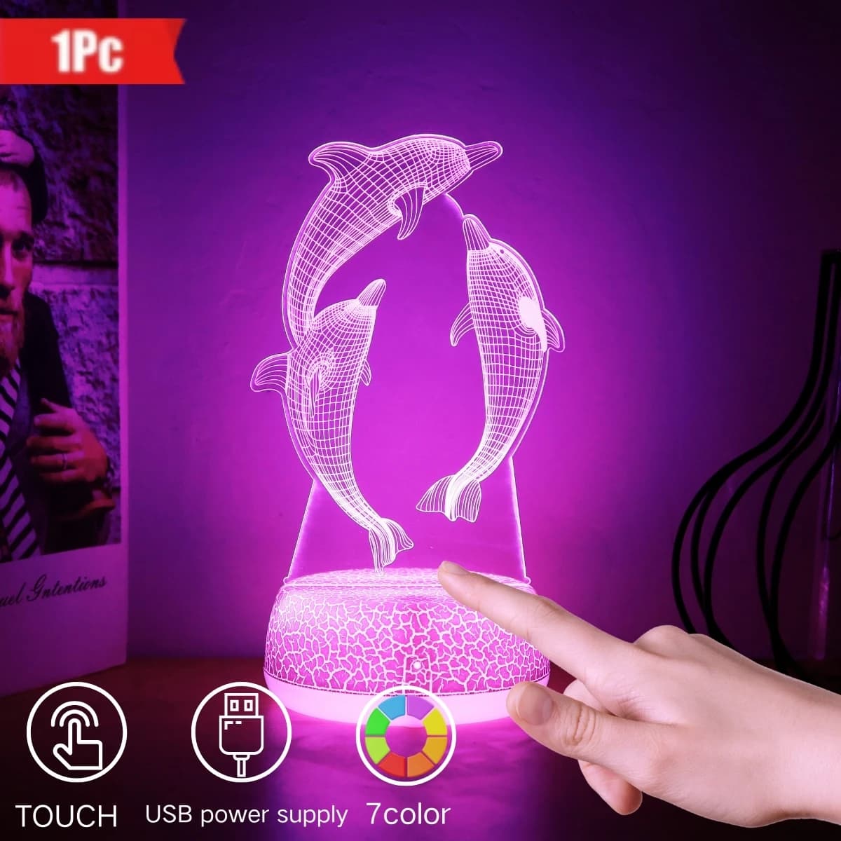 Lampada Notturna 3D a Forma di Delfino - LED Morbido e Caldo, USB, Adatta per Decorazione Camera da Letto e Soggiorno, Regalo di Compleanno Ideale