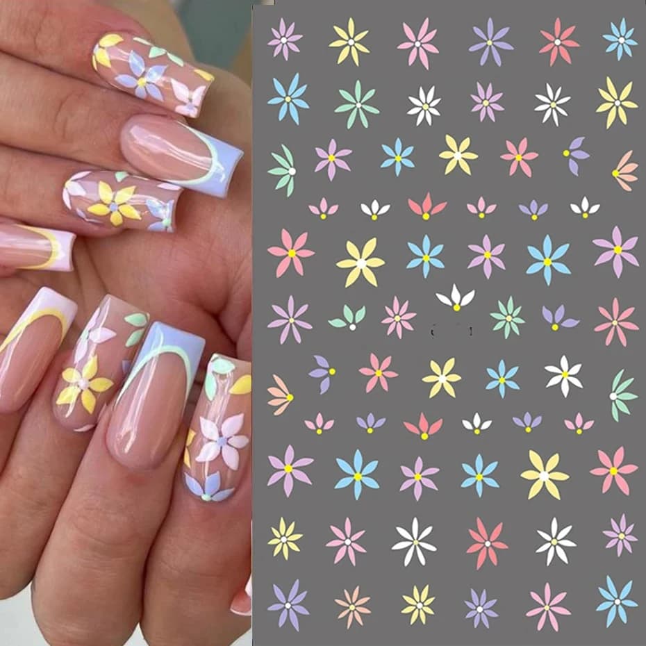 Adesivi per unghie 3D con fiori colorati Foglia verde Margherita floreale Primavera Nail Art Decalcomanie per acqua Cursori Manicure Farfalla Punte per unghie Decor