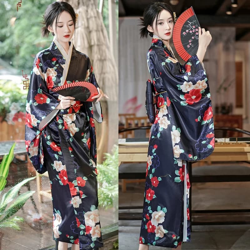 Sexy Yukata with Obi Loose Casual Sleepwear Satin Printed Home Clothes Spring Autumn Nightwear Women's Bathrobes Kimono Gown