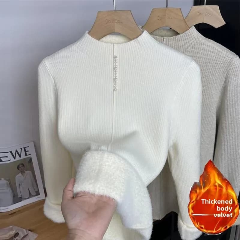 Maglioni da donna con fondo lavorato a maglia Addensare velluto Collo semi-alto Camicia calda con perle Abbigliamento interno Maglioni in pile sottili e delicati sulla pelle