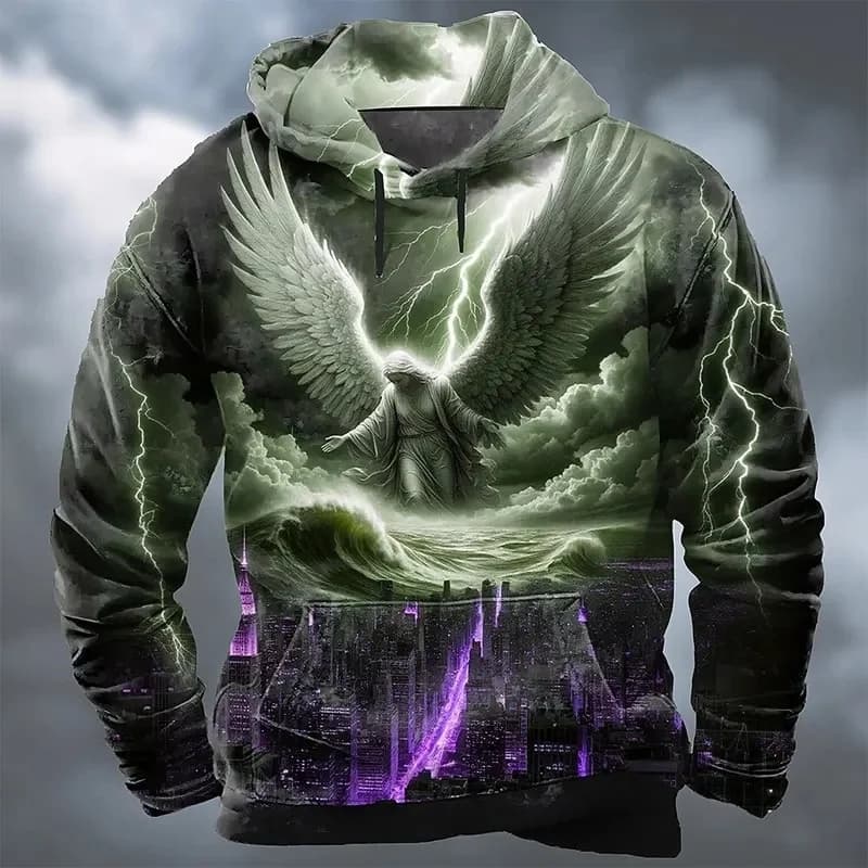 Fall Winter Men's Jesus 3D Prints Hooded Hoodies Sweatshirts Long Sleeve Crew Neck Streetwear Drawstring Tops