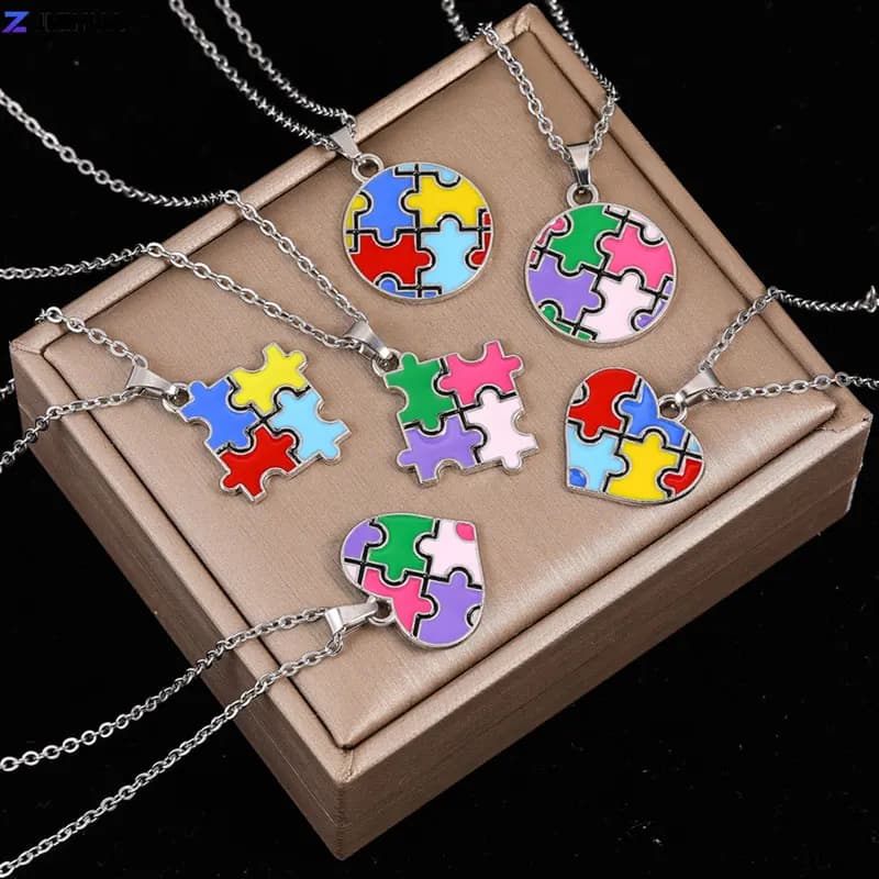 Fashion Women Necklaces For Girls Autism Awareness Puzzle Pendant With 50cm Stainless Steel Chain