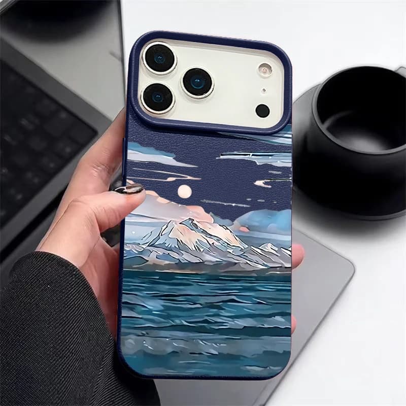 Cover per iPhone con motivo Mountain View, antiurto, in morbido TPU con texture in pelle, per iPhone 17e, 17 Pro Max, 16, 15, 14, 13 Pro Max, 16e, 11