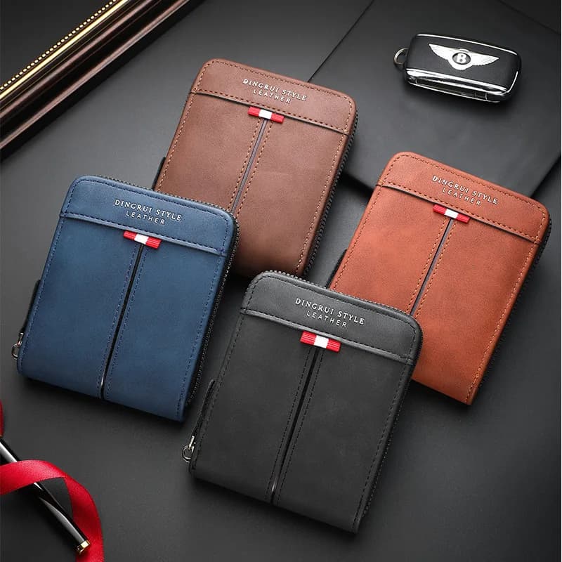 PU leather spliced men's wallet, short and simple three-fold multi-functional zipper coin purse for young people