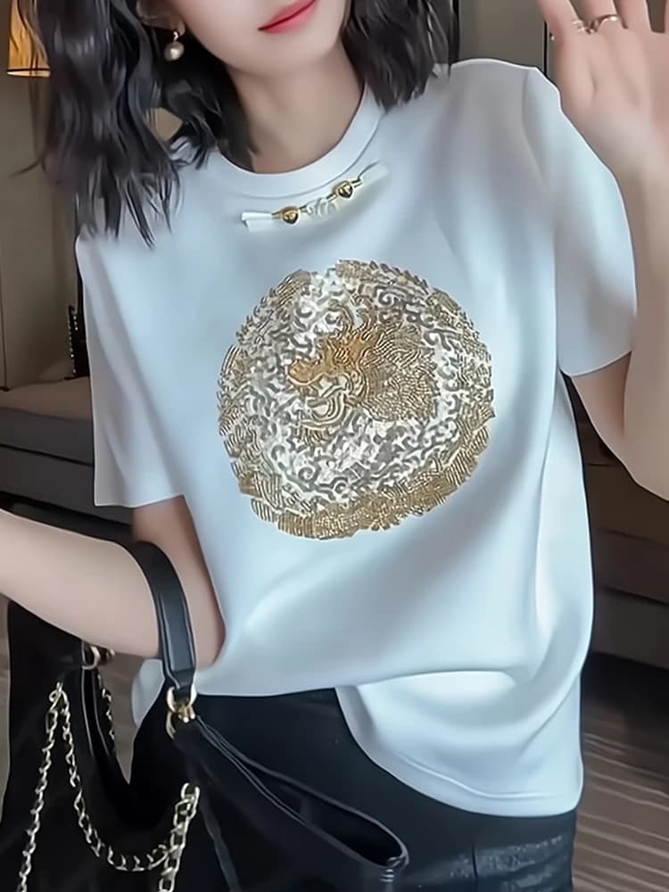 Elegant White Embroidered Short Sleeve T-Shirt Women's Summer Fashionable Chinese Style Top Quality Material Korean Style Loo...