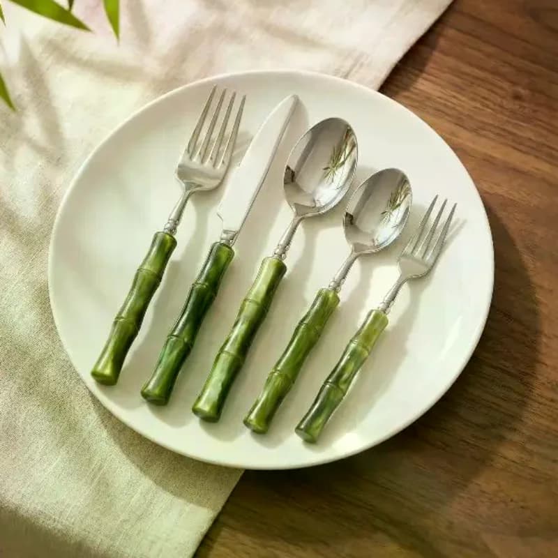 New Bamboo Handle Acrylic 304 Stainless Steel Cutlery Tableware Knife Fork Spoon For Kitchen Pieces Wedding Gift