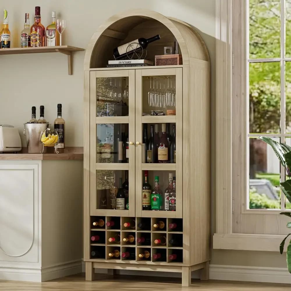 Mobiletto ad Arco con Ante in Vetro, Mobile Bar Alto 70 Pollici Stile Rustico con Portabottiglie e Portabicchieri, Mobile Bar per Liquori