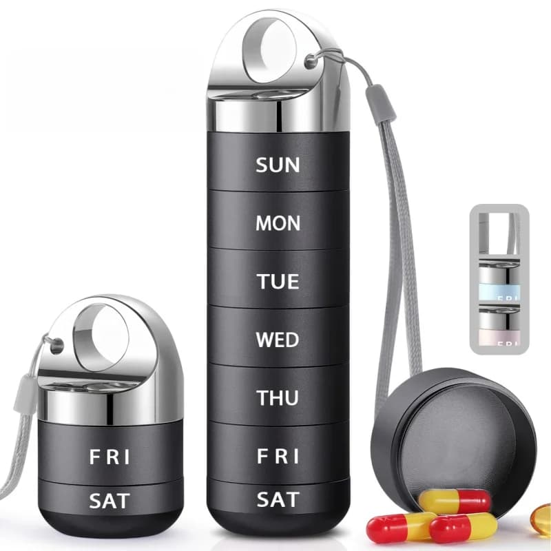 Large aluminum alloy pill box container, 7-day pill organizer, travel pill case, suitable for vitamins, fish oil, supplements