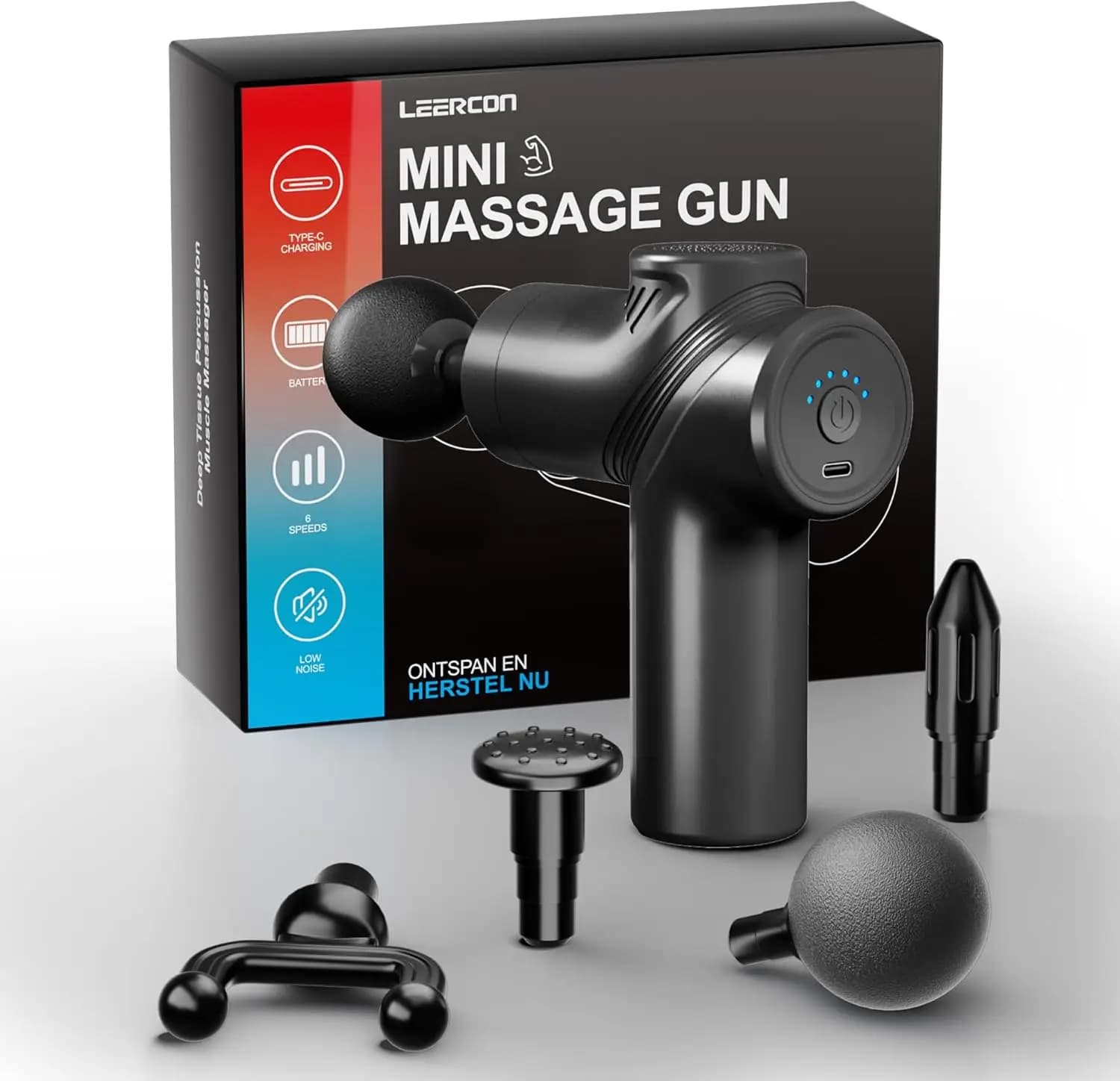 LEERCON Mini Pistola Massaggiante a Percussione per Tessuti Profondi, Massaggiatore Portatile con 4 Testine, Regalo per Uomo e Donna, Ideale per Viaggi e Sport