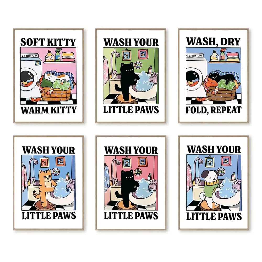 Lavaggio Zampe Gatto Stampa Carino Bagno Poster Lavanderia Immagini per bambini Decor Gatti unici Wall Art Canvas Painting Senza cornice