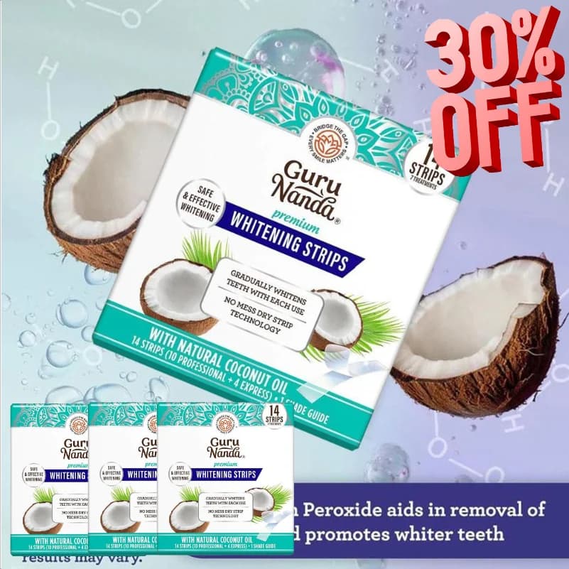 GuruNanda coconut teeth whitening strips, 14 pieces, safe for enamel and sensitive teeth, dry non-slip strips, remove stains