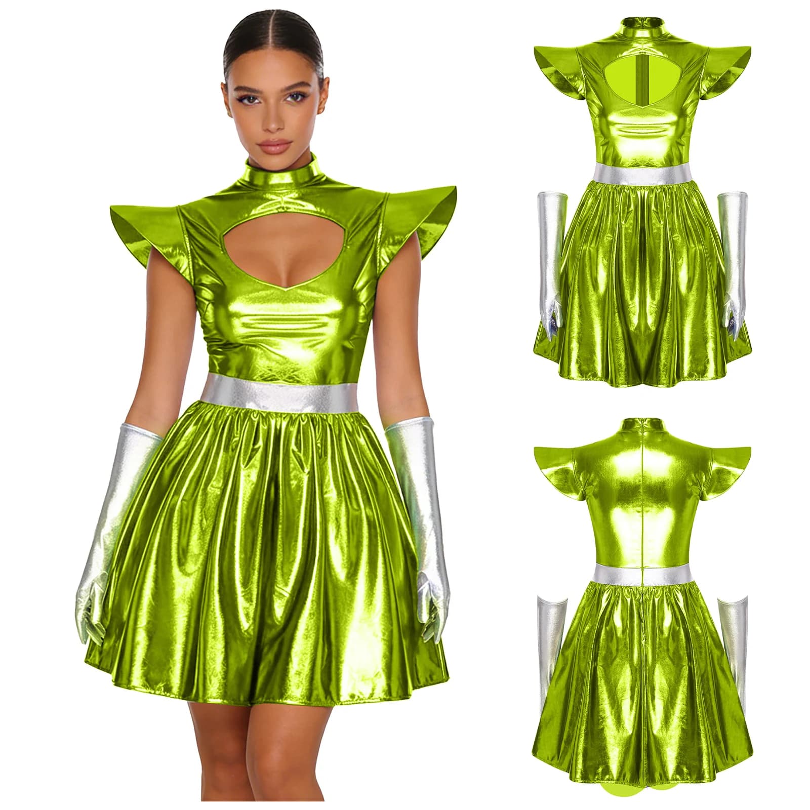 Women Silver Astronaut Cosplay Costumes Space Fighter Alien Tutu Dress Suit Space Cadet Dress Sets for Halloween Carnival Party