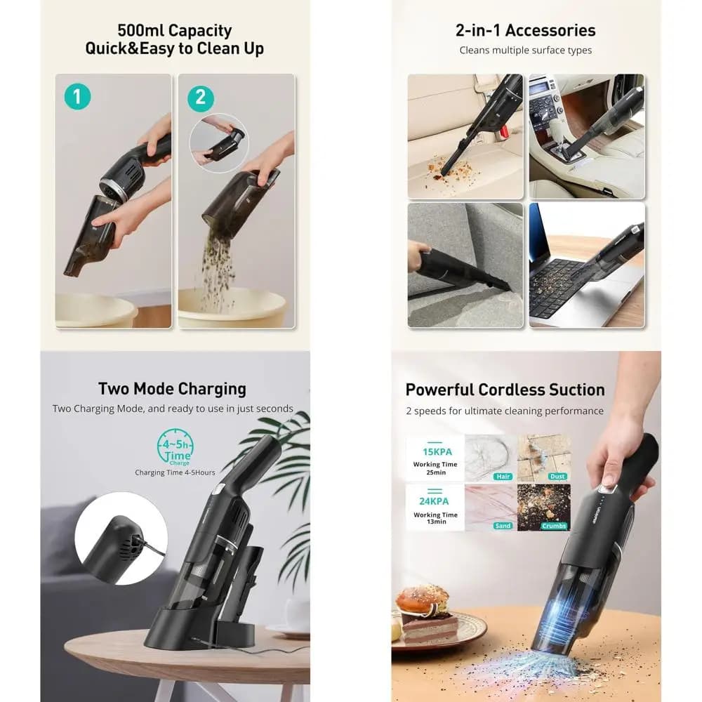 Powerful 2 Speed 24KPA Portable Vacuum Cleaner with Double Charging for Car and Home, Black Grey
