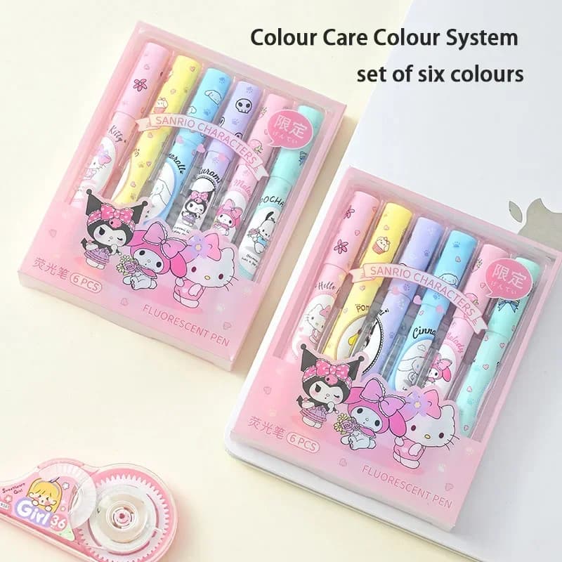 Hello Kitty Kuromi Mini evidenziatore set 6 colori simpatico cartone animato design pennarello per bambini studio note ufficiale pianificatore regalo Kawaii
