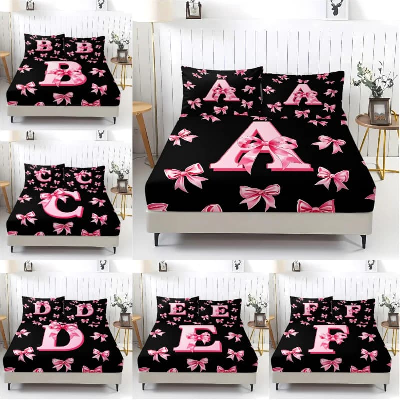 3pcs Black Pink Bow Letter Fitted Sheet Set Sweet Preppy Style Bed Sheet Set for Girls Bedroom Dorm Decor