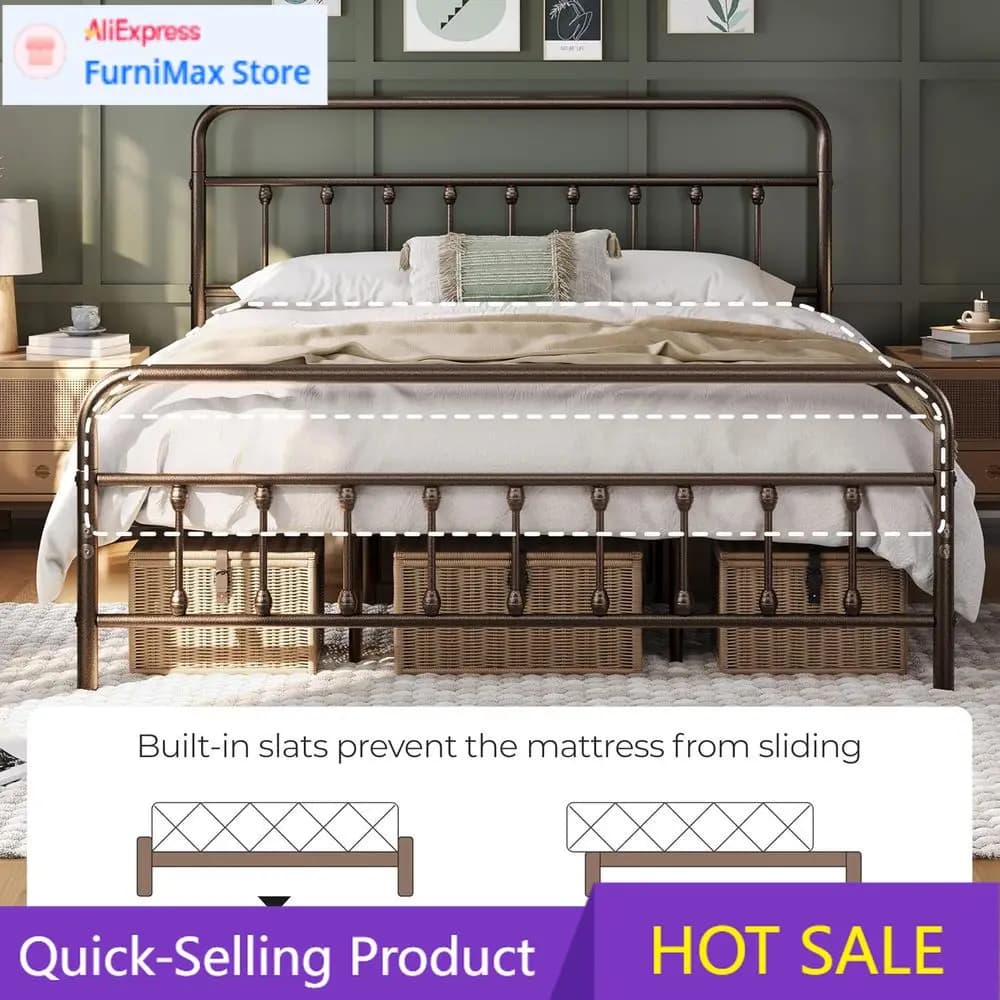 Elegant double bed in metal with iron decorations, mattress base, container under the bed, without box springs.