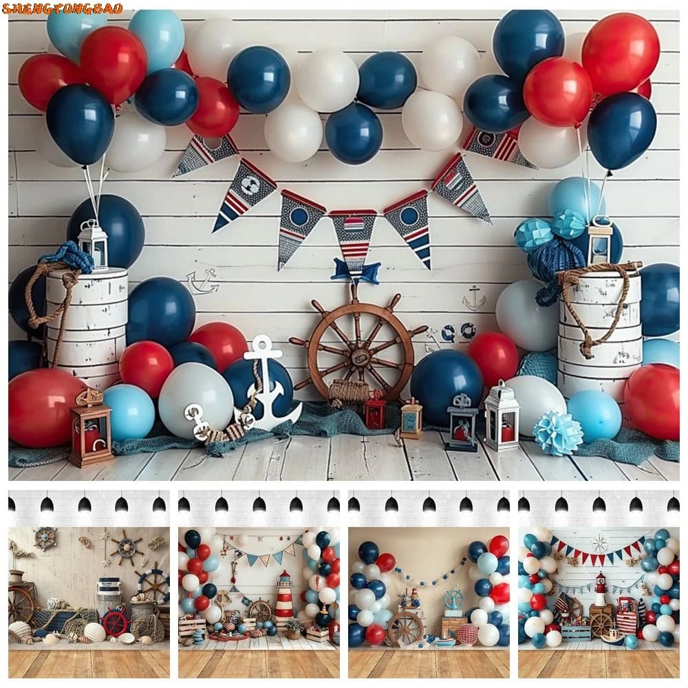 Tema nautico Festa di compleanno Sfondo fotografico Palloncini Anchor Rete da pesca Baby Shower Fotografia Sfondo Studio fotografico