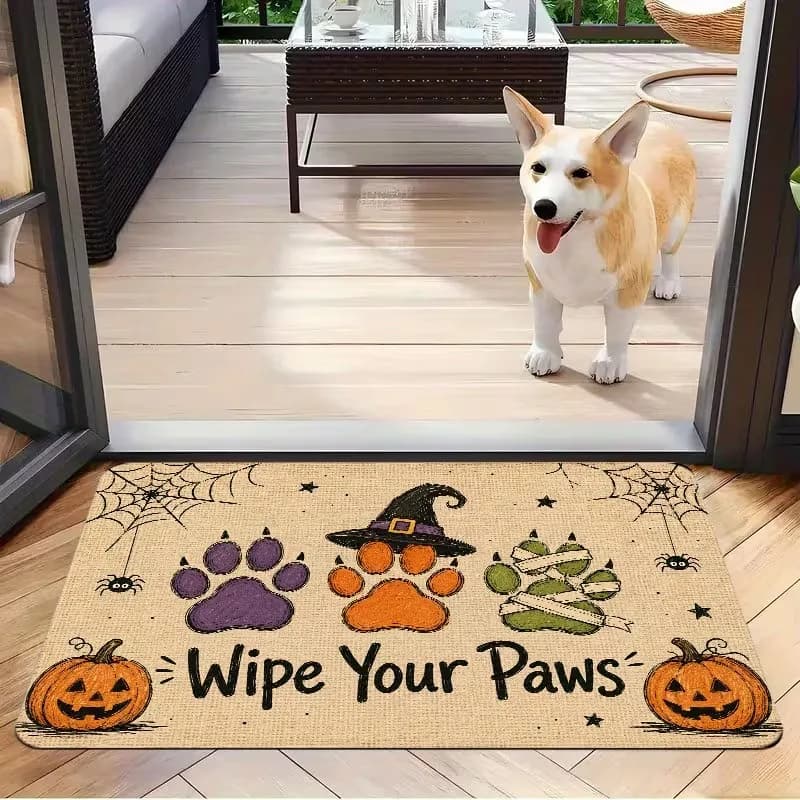VIKAMA Fun Halloween Paw Print Doormat, Absorbent Non-Slip Entryway Rug, Spooky Pet Lover Bathroom Mat, Halloween Home Decor