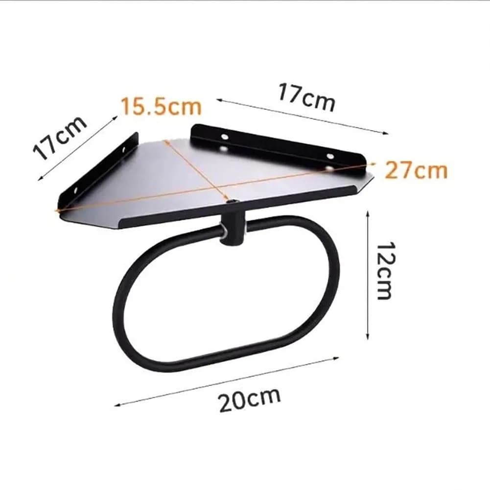Stainless Steel Black Corner Shelf with Towel Bar Wall Mounted Bathroom Storage Unit 27x15.5x12cm Space Saving