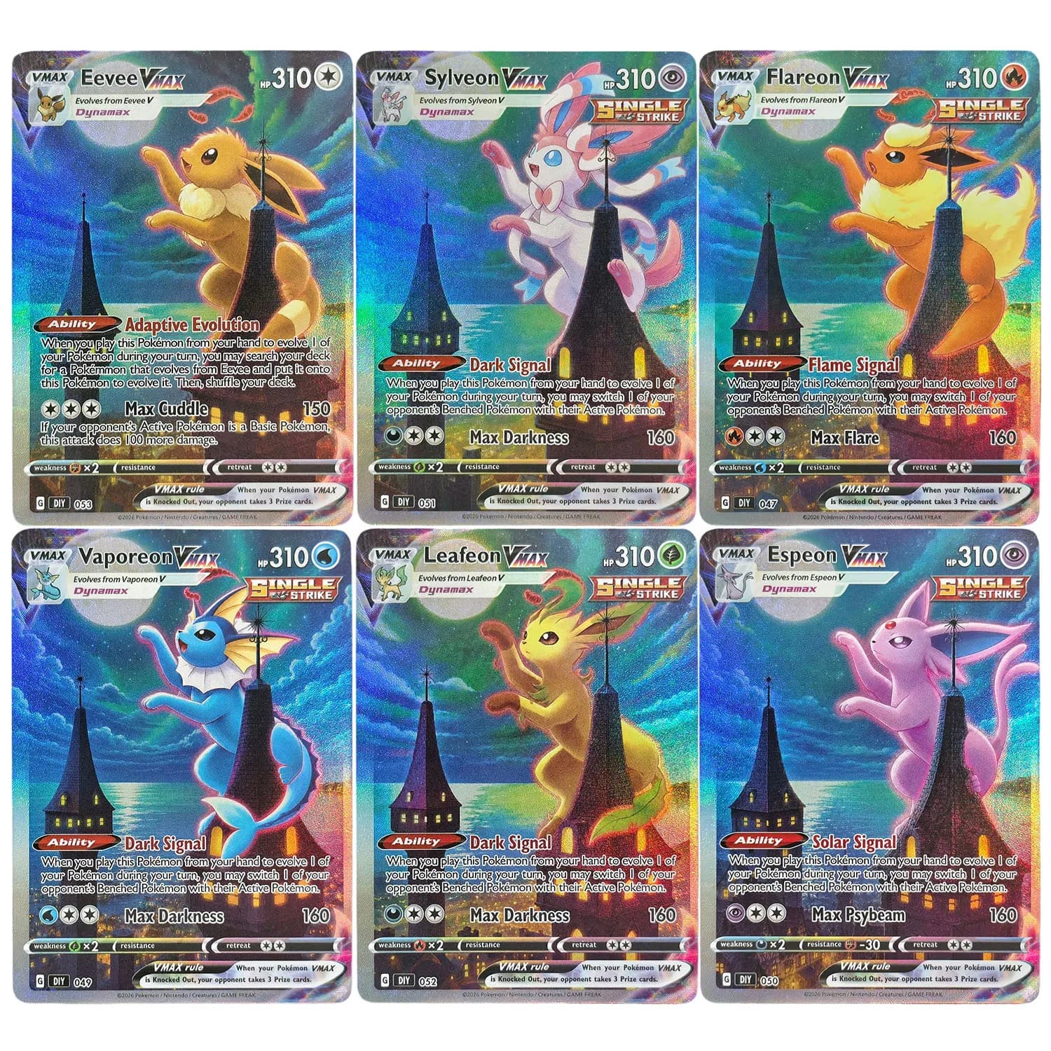 Homemade English Moon Style Eevee Vaporeon Flareon Espeon Leafeon Glaceon Sylveon Jolteon Fan‑Art Game Collection Card Toy
