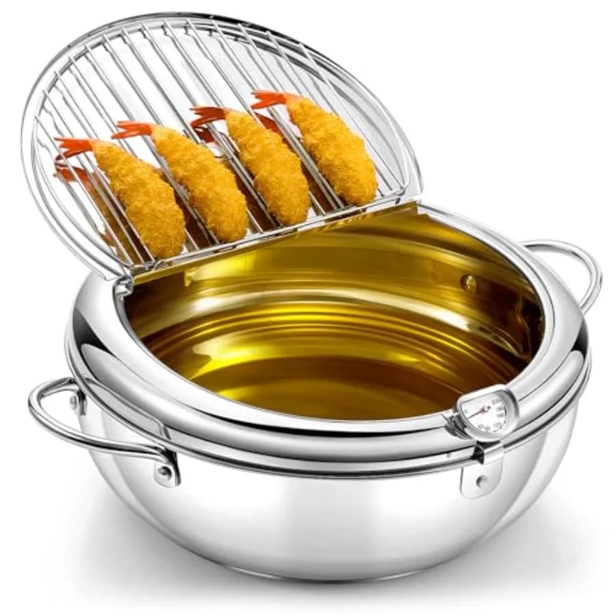 4.4 Qt 4.2 L Deep Fryer Pot 304 Stainless Steel Tempura Frying Pot with Lid and Oil Drain Rack Japanese Deep Fryer Pan with Tem