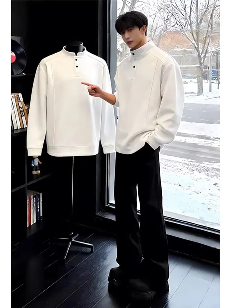 Men's Fce Lined Long Sve Hoodie Henry Collar American Sle Teenage Faion Brand Base irt Autumn Winter Casual ...