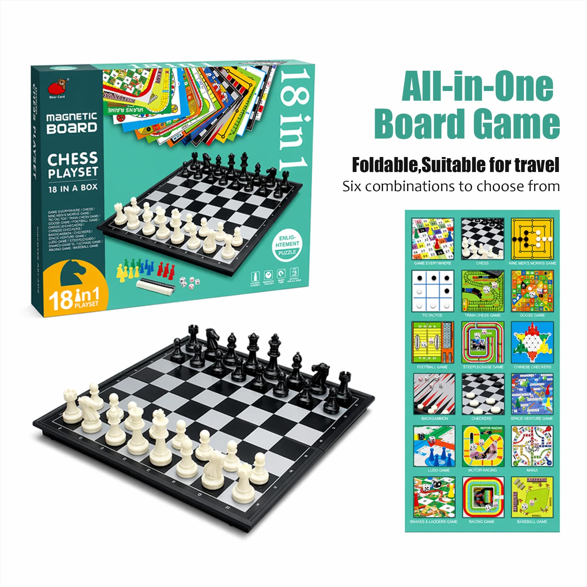 Set da Gioco Pieghevole Multiuso: Scacchi e Dama, Gioco da Tavolo Educativo, Puzzle, Gioco Competitivo per Studenti, Portatile, da Viaggio, Regalo per Bambini