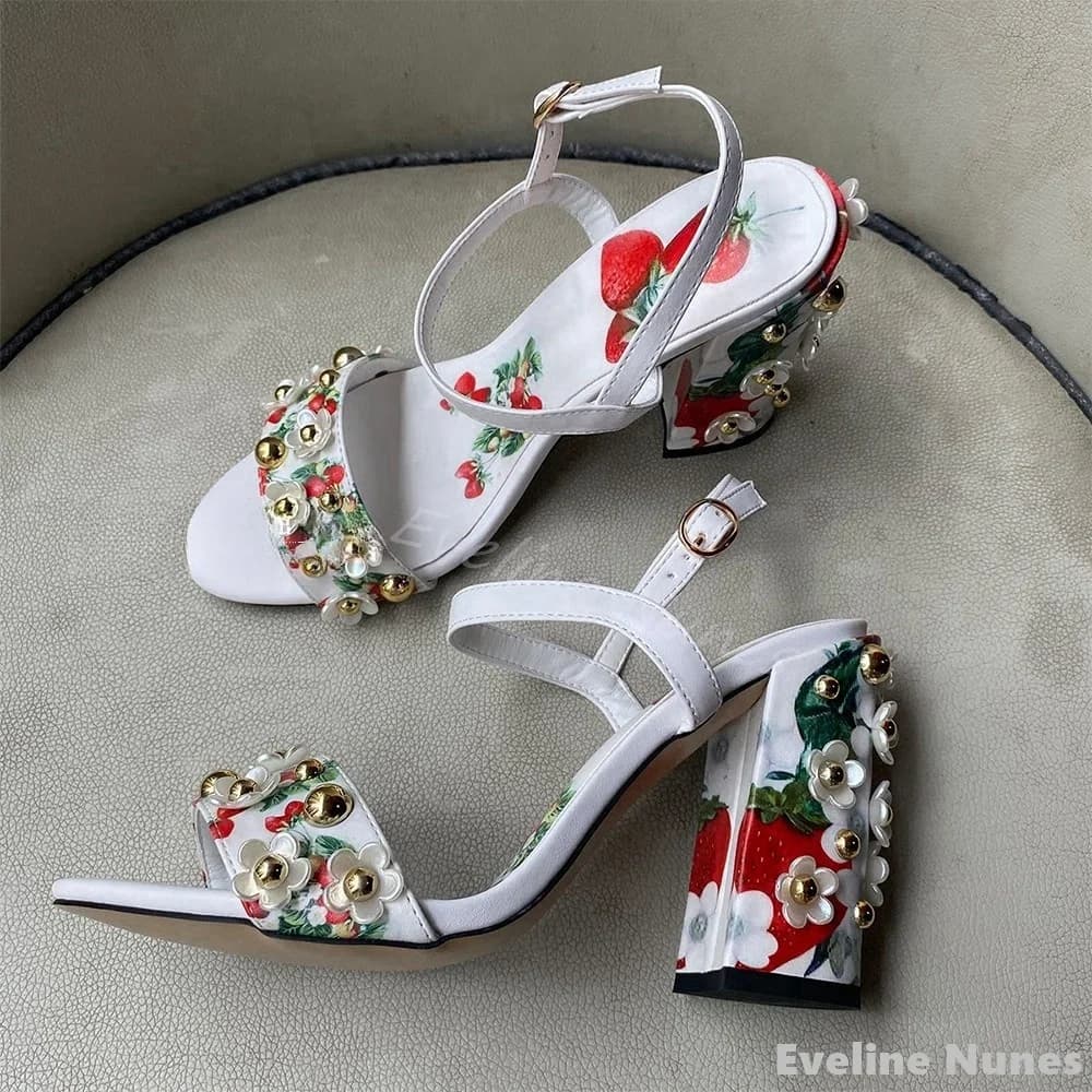 Flowers with Rhinestone Sandals with Belt with One Word Women's Round Toe Chunky Heel Sandals with Strawberries print 2025 Summer New sandal with ankle strap