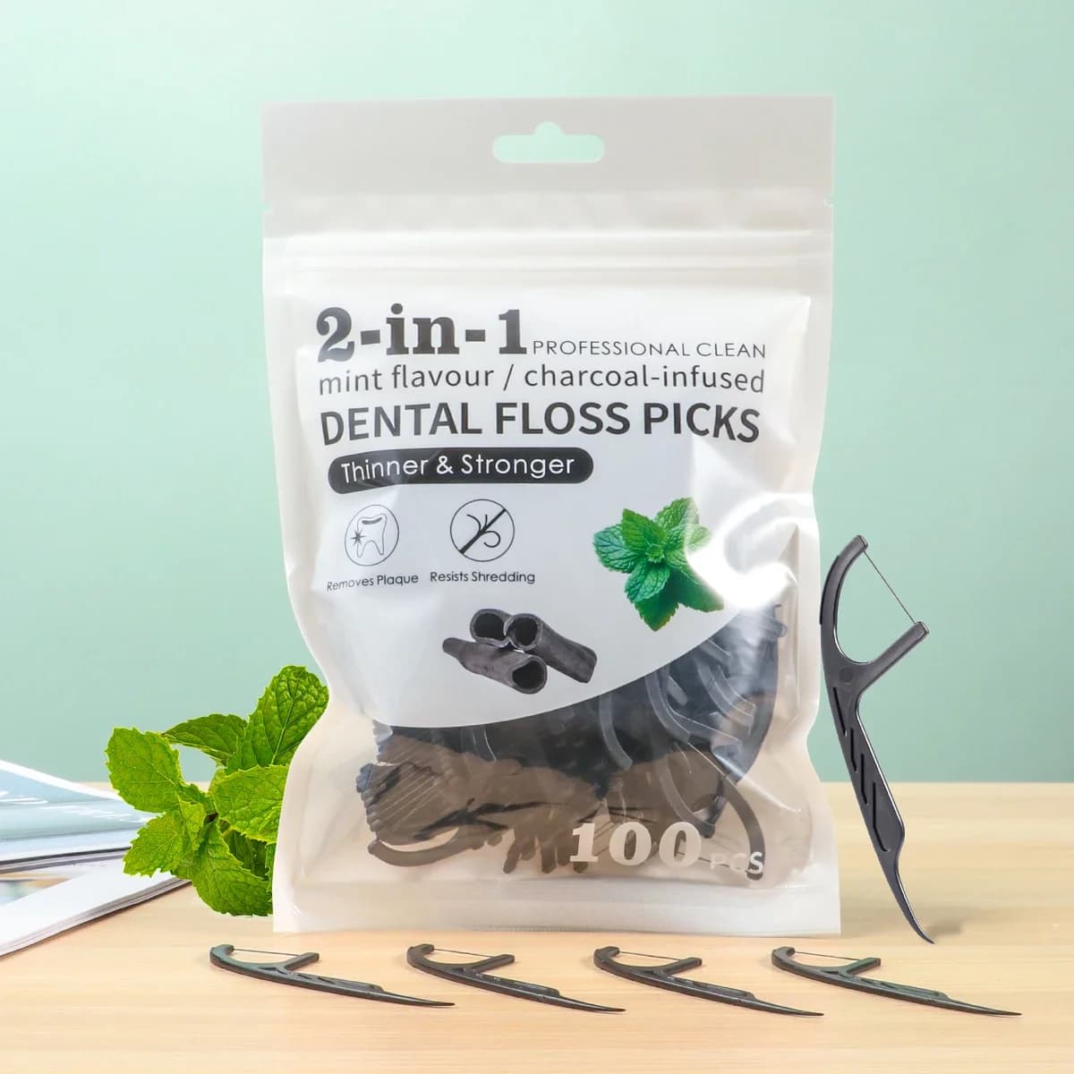 30/100pcs Bagged Bamboo Charcoal Material Mint Flavored Dental Floss - Toothpick Floss Stick for Adult Household Use - Cleaning