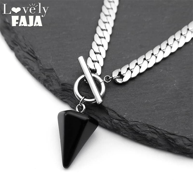 Goth Ossidiana Reiki Guarigione Pendolo per Divinazione Collana Donna Catena in Acciaio Inossidabile Cono Collane con Ciondolo Gioielli NXS03